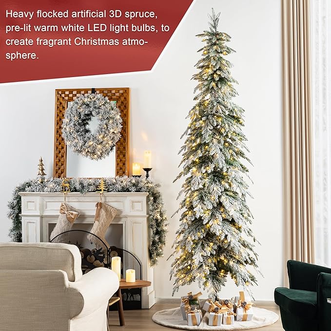 Glitzhome 9ft Prelit Christmas Tree, Artificial Christmas Tree with 470 Warm White Lights, Flocked Pencil Christmas Tree Chicago Frostwood Spruce w/1581 PE&PVC Branch Tips and Sturdy Metal Stand