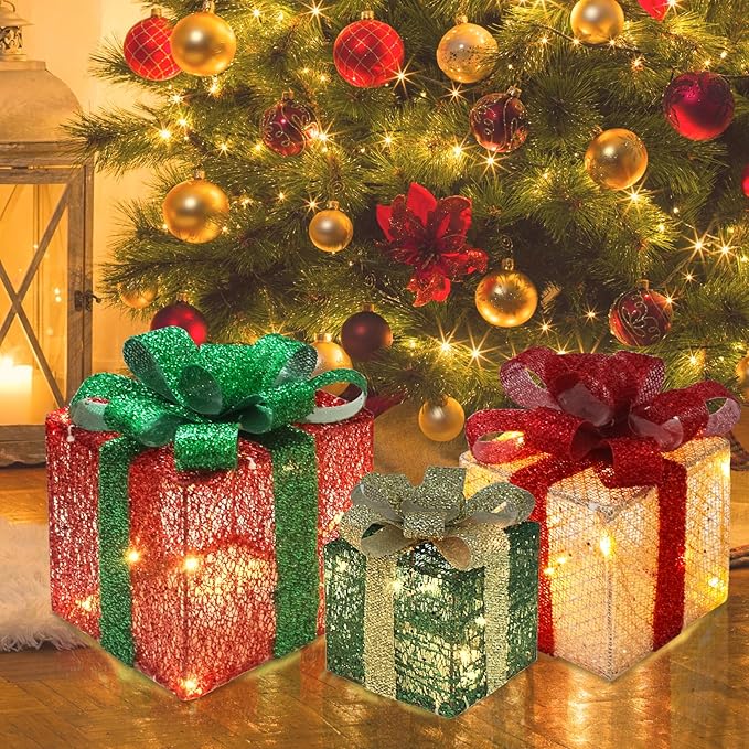 Christmas Light Gift Box Decorations, 3-Piece Set, Pre-Strung Wired Gifts with Bows, Illuminate Christmas Tree Skirt Decorations. Suitable for Indoor and Outdoor Use.