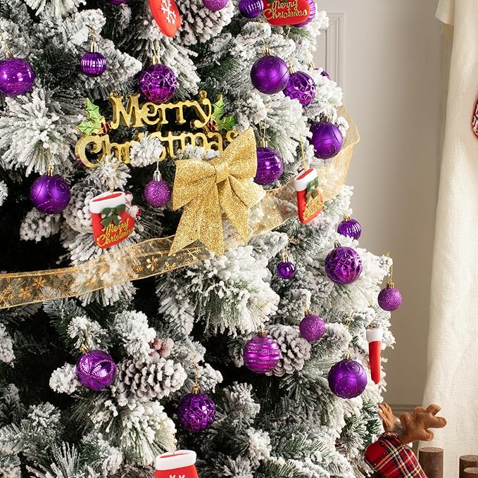 100Pcs Christmas Ball Ornaments Set, Shatterproof Plastic Purple Christmas Ornaments for Xmas Tree, Assorted Baubles Hanging Decorations for Holiday/Party/Wedding (Purple)