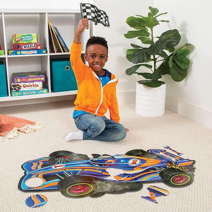 Peaceable Kingdom Giant Floor Puzzles with Uniquely Fun Shaped Pieces for Kids Ages 3+ Gifts for Boys and Girls - Racecar
