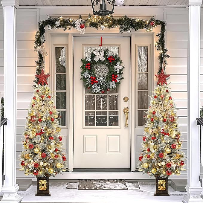 Garvee Pre-lit Artificial Christmas Tree with Warm White Lights, Snow Flocked Full Christmas Tree 4.5 ft with 8 Light-Modes, Pre Lighted Xmas Tree W/386 Branch Tips, 200 Light & Antique Urn Base,1 PCS