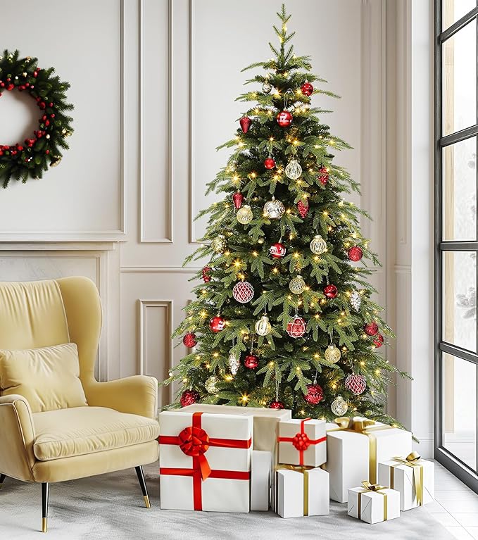 DWVO 6ft Prelit Christmas Tree with Lights, Full Downswept Artificial Fir Twinkle Christmas Tree with 1628 Metal Hinged Flame Resistant PE & PVC Branches and 300 Lights 11 Modes Remote Controlled