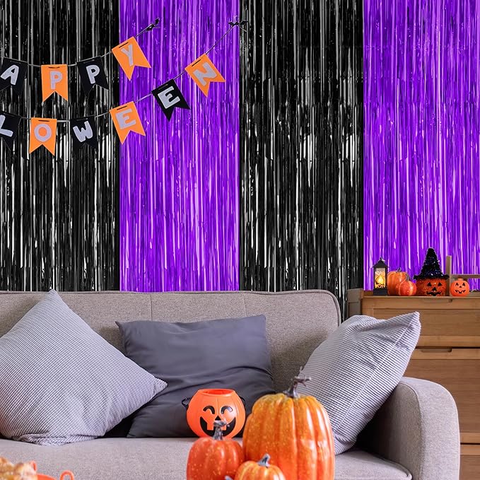 2 Pack Halloween Decor, 3.28 FT x 7.05 FT Purple and Black Foil Streamer, Metallic Fringe Curtains Tinsel Backdrop Party Streamer, Indoor Halloween Decorations Party Supplies Photo Booth Props