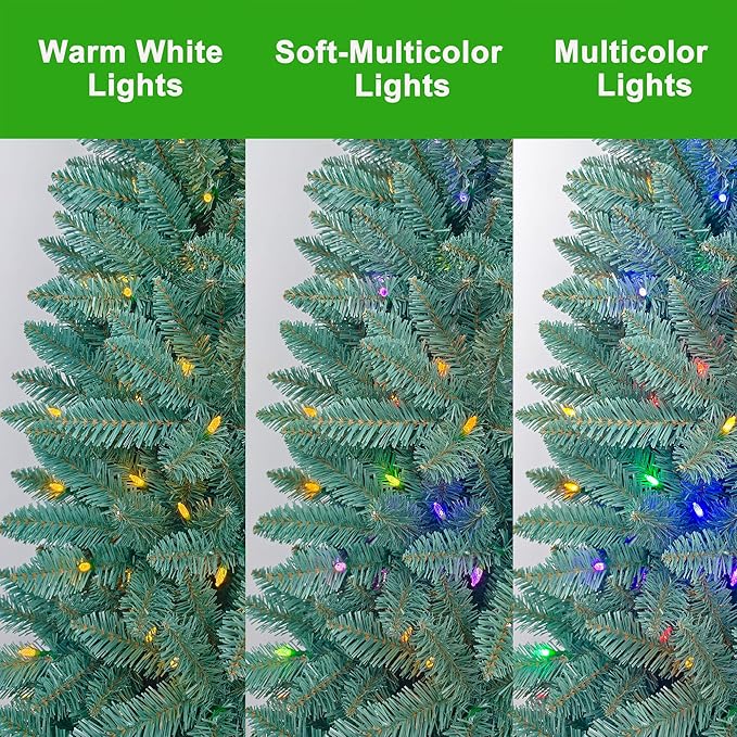 7.5FT Prelit Slim Artificial Christmas Tree with 843 Branch Tips, 250 Dual-Color LED Lights and Metal Stand, Realistic Skinny Pencil Blue Spruce Tree with Multi-Function Lights