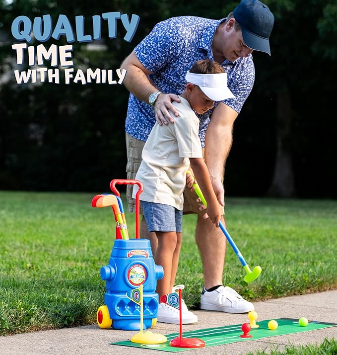 ToyVelt Toddler Golf Set - Kids Golf Clubs with 6 Balls, 4 Golf Sticks, 2 Practice Holes and a Putting Mat - Promotes Physical & Mental Development (Blue)