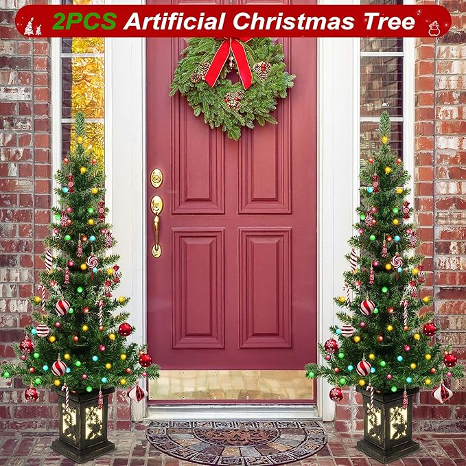 2Pcs 4FT Pre-lit Artificial Potted Christmas Tree with 100 LED Colorful Lights，Artificial Xmas Trees with Retro Snowflack Light Box Base, 190 Branch Tips, Small Xma Tree Decora for Porch,Table, Home