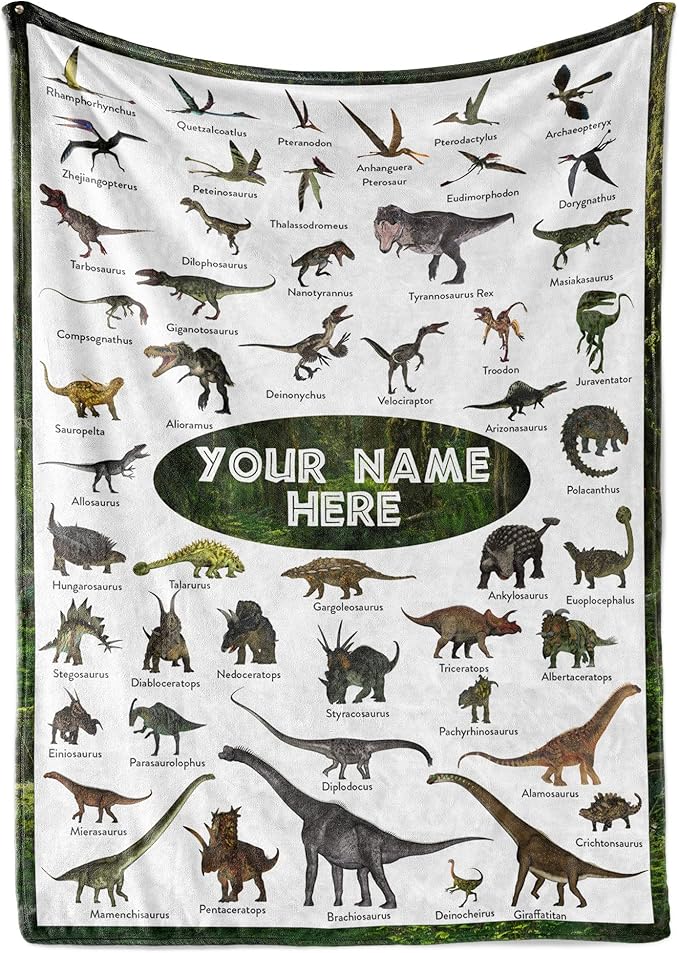 Personalized Dinosaur Blanket for Kids, Ships Next Day - Dino Throw Blanket for Boys and Girls, Toddler Bed, Room & Bedroom Decor - Educational Blankets for Children - USA Based (30x40, Fleece)