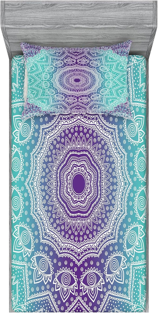 Ambesonne Purple and Turquoise Fitted Sheet & Pillow Sham Set, Hippie Ombre Mandala Inner Peace and Meditation with Ornamental Art, Decorative Printed 2 Piece Bedding Decor Set, Twin, Aqua
