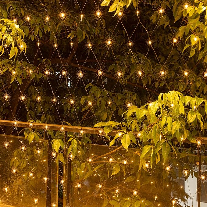 AWQ 200 LED 9.8ft x 6.6ft String Lights Net Mesh Lights Christmas Net Lights 8 Modes for Christmas Wedding Party Home Garden Lawn Bushes Bedroom Indoor Outdoor Decor (9.8ft x 6.6ft, Warm White)