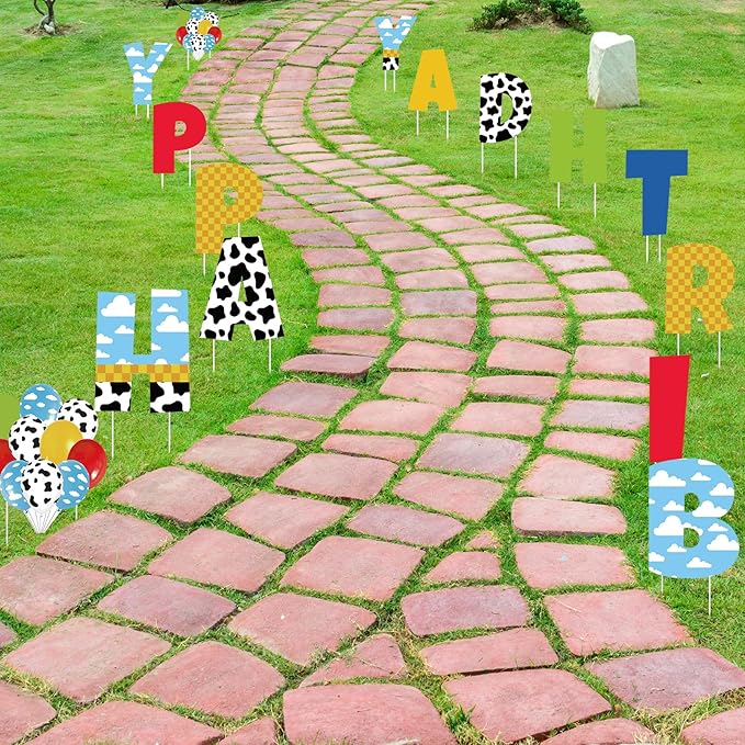 15 Pcs Cartoon Happy Birthday Lawn Yard Sign with Stakes Colorful Toy Inspire Game Outdoor Decorations Waterproof Happy Sign for Birthday Party Celebration Supplies