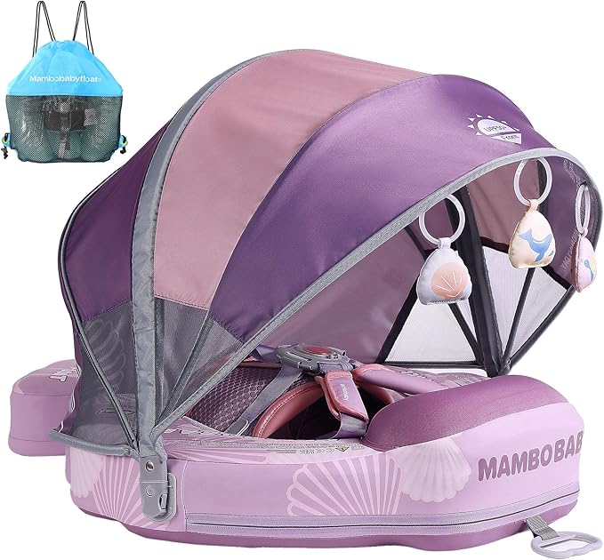 Mambobaby Float Add Tail Baby Swim Float with Canopy Solid Pool Infant Swim Trainer Swimming Training Lying Air Free Water Floats Non-Inflatable Waist Swim Ring for Toddlers (Shell - Purple)