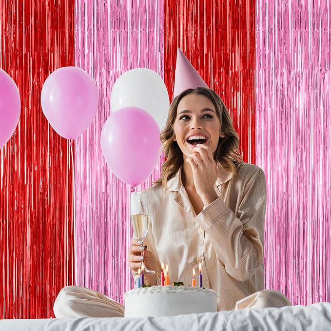 2 Pack Backdrop Curtains, 3.28 Feet x 7.05 Feet Red Pink Backdrop, Metallic Fringe Curtains Tinsel Backdrop Party Streamer, Babie Backdrop Happy Birthday Party Supplies Decorations