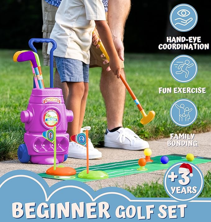 ToyVelt Toddler Golf Set - Kids Clubs with 6 Balls, 4 Sticks, 2 Practice Holes & a Putting Mat Promotes Physical Mental Development, Ideal Gift for Boys 2-10, Purple