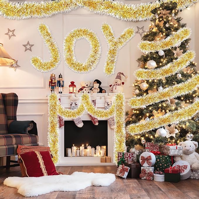 50Ft Christmas Gold and Silver Tinsel Garland Metallic Twist Shiny Garland for Xmas Christmas Tree Ceiling Hanging Decorations Holiday Wedding Home Party Supplies Indoor Outdoor Decor