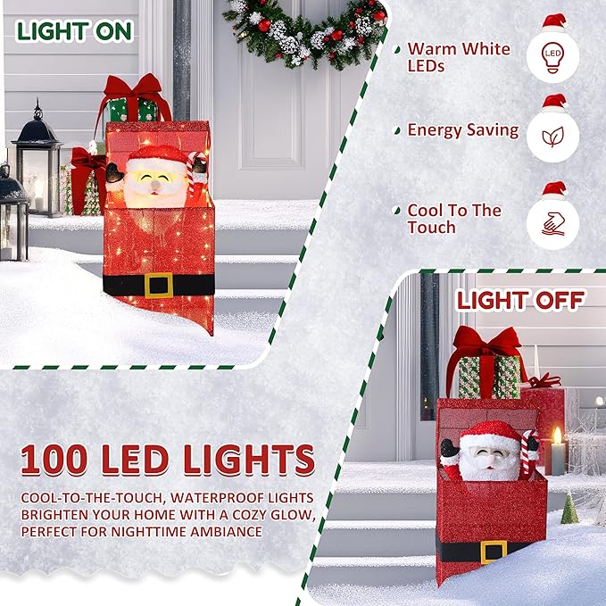Light Up Electric Santa Claus Decor with 100 LED Lights, 3D Pre-Lit Animated Santa Claus for Xmas Decoration, 14" L x 10" W x 27" H Freestanding Glittered Display for Outdoor, Indoor