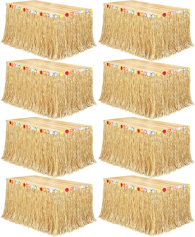 Fovths 8 Pack Luau Grass Table Skirt Natural 9 Feet x 29.5 Inch Hawaiian Table Skirt for Tropical Hawaiian Party Decorations Luau Costume, Straw Yellow