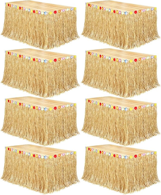 Fovths 8 Pack Luau Grass Table Skirt Natural 9 Feet x 29.5 Inch Hawaiian Table Skirt for Tropical Hawaiian Party Decorations Luau Costume, Straw Yellow