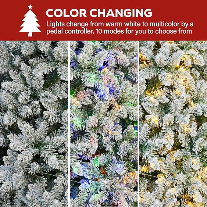 Hykolity 6ft Prelit Artificial Christmas Tree, 10 Light-Mode Snow Flocked Christmas Tree with 250 Multicolor LED Lights, 1032 PVC Tips, Easy Setup Xmas Trees with Sturdy Metal Stand
