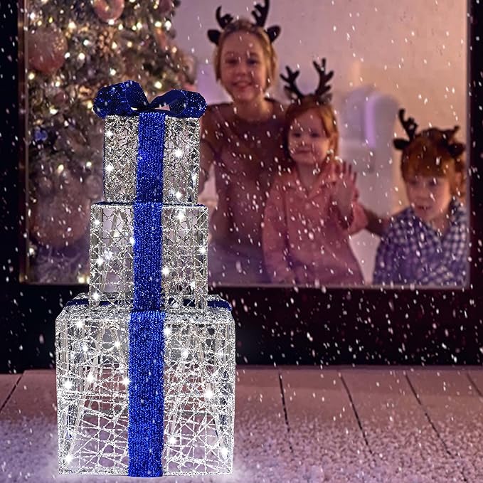 Lighted Gift Boxes Set of 3, Silver Boxes with Bow, Prelit 60 White Lights Present Box Lighted Display with Plug for Home Porch Outdoor Yard Christmas Decorations-Blue