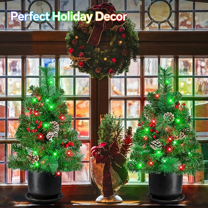 Outdoor Pathway Christmas Trees, 2-Pack 30 Inch RGB Color Changing Pre-Lit Smart Artificial Pine Tree with Cones, Remote&App Control, Outdoor Christmas Decorations for Porch Yard Walkway