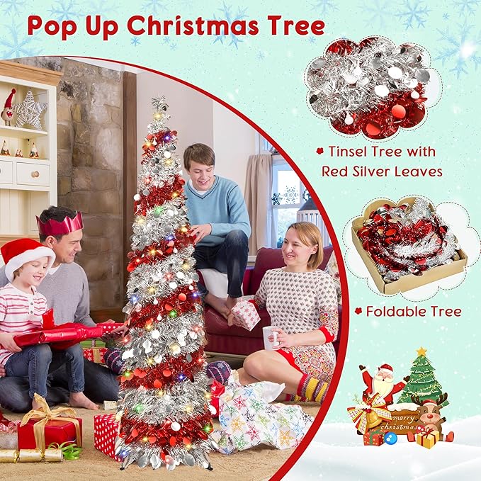 5FT Christmas Trees with 90 Lights, Collapsible Artificial Sequin Pop Up Christmas Tree, Tinsel Slim Pencil Christmas Tree for Home Holiday Fireplace Party Indoor Outdoor Xmas Decorations (Sliver&Red)