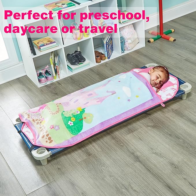EVERYDAY KIDS Cute Preschooler and Toddler Cot Nap Mat for Home, Daycare, Preschool and Kindergarten; Easy to Roll Sleeping Mat with Elastic Straps, Pillow and Blanket