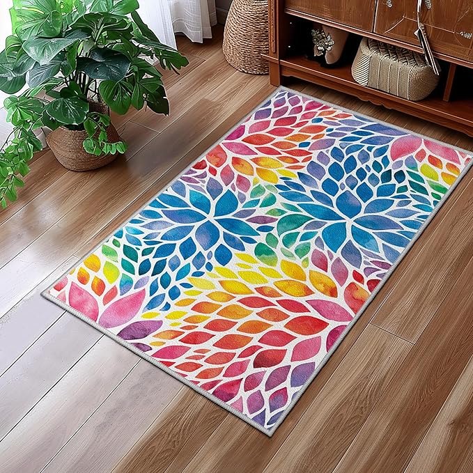 Abstract Rainbow Small Area Rug 2x3 Entryway Rug Colorful Dahlia Multicolor Floral Throw Rugs, Non-Slip Machine Washable Indoor Door Mat Entrance Carpet for Kitchen Bathroom Laundry Bedroom 2'x3'
