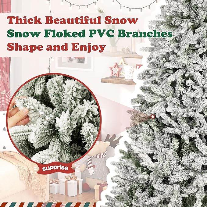 7FT Artificial Luxury Christmas Tree, Xmas Tree with 1300+ PE Branch Tips, Pine Cones & Metal Base, Snow-Flocked Hinged Tree for Home Office Party Festival Holiday Decor