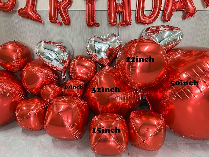 Red Birthday Decorations with 16pcs Large 4D Foil Balloons in Different Size (10-50 Inch) + 6pcs 18" Heart Balloons + 16” Happy Birthday Banner for Indoor Outdoor Party Decorations (Red)