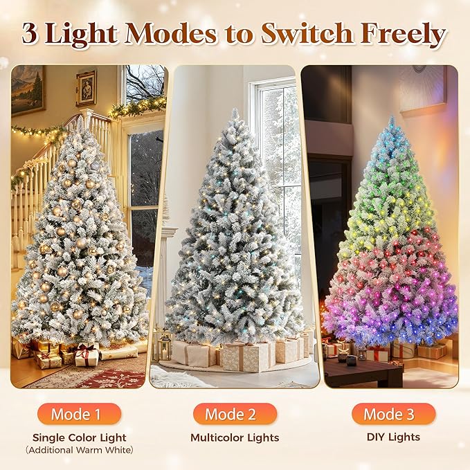 HOLLO STAR 6 ft Flocked Prelit Christmas Tree with 350 LED Lights, App Control, Artificial Christmas Tree, Multi-Color RGBW Lights, 947 Branch Tips, Snow Xmas Tree, for Home, Party