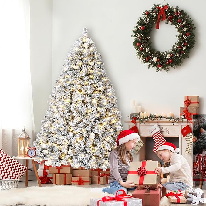 6FT Prelit Fluffy Snow Flocked Fraser Fir Artificial Christmas Tree with Warm White Lights, Hinged Branches, 800 Tips, Artificial Christmas Tree Include Metal Stand for Holiday Home Decor