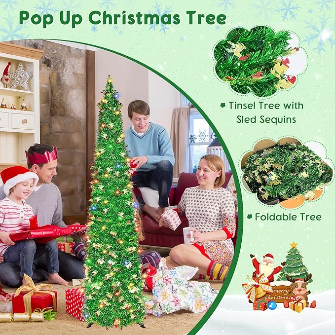 5FT Pop Up Christmas Tree with 90 LED Lights, Collapsible Christimas Tree Sled Sequins Tinsel Slim Pencil Christmas Xmas Tree for Home Holiday Fireplace Party Indoor Outdoor Decorations, Green
