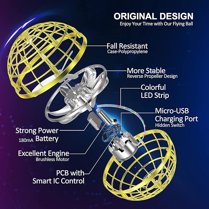 LEMATRIX 2025 Flying Orb Ball Toy, Hover Ball Boomerang Fly Fidget Spinner, Cool Toys Gifts for 6 7 8 9 10 11 12+ Years Old boy Girls Teens, Hand Mini Drone Cosmic Globe , Indoor Outdoor Toys(Golden)