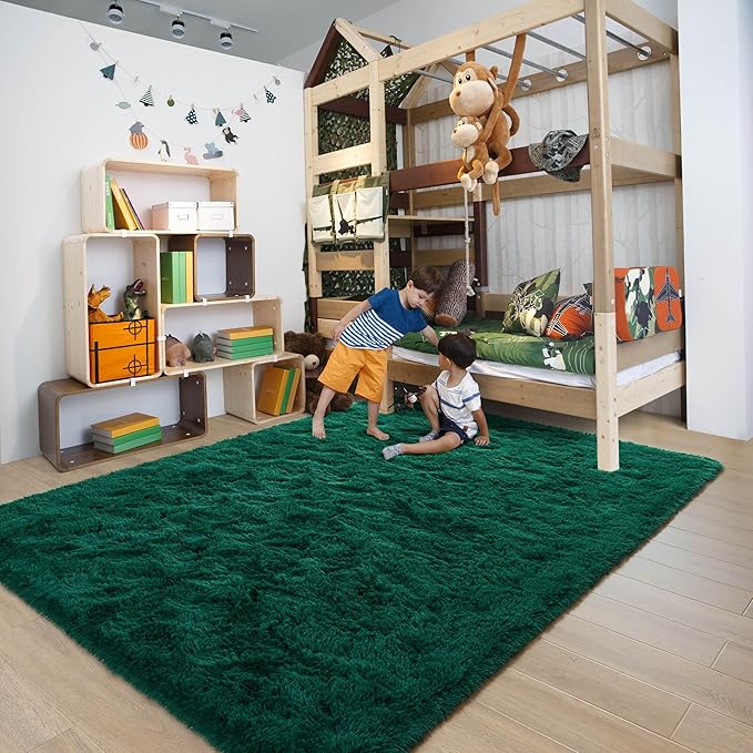 5x8 Fluffy Soft Dark Green Rugs for Living Room Bedroom, Large Plush High Pile Deep Green Carpet for Classroom Kids Boys Playroom Toddler Nursery Dorm Home Decor, Modern Indoor Non Slip Rug