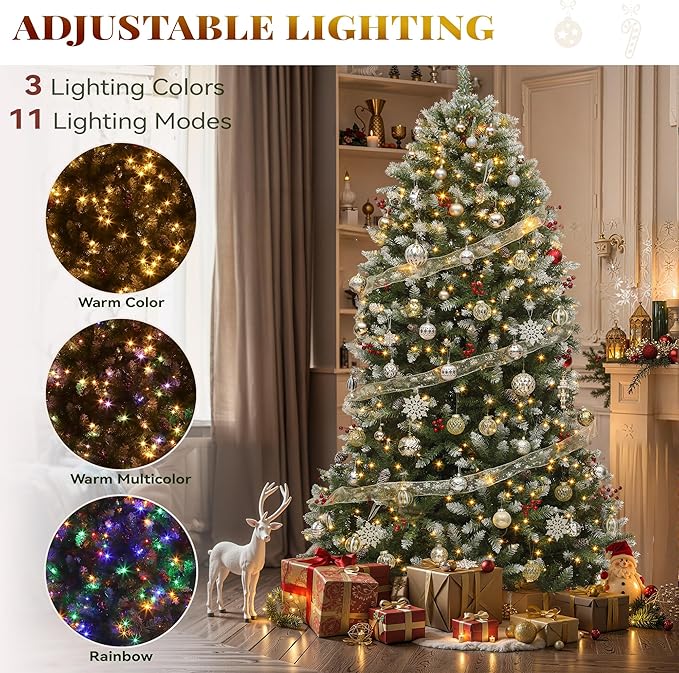 YITAHOME 6FT Prelit Frosted Green Artificial Christmas Tree with Remote, Pre-Decorated Christmas Tree w/ 1838 Tips, 80 Pine Cones & 80 Berries, 450 Warmwhite & Multi-Color Lights, 11 Modes, Green Bell