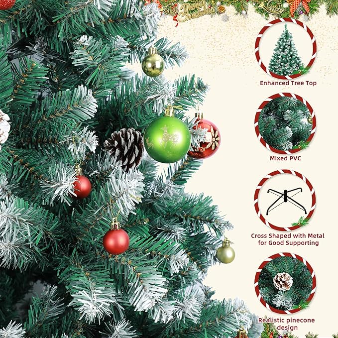 6Ft Christmas Tree,Green Artificial Hinged Holiday Christmas Pine Tree with Pinecones,Xmas Tree w/1400 Snow Flocked Branch Tips for Home,Office,Party Decoration