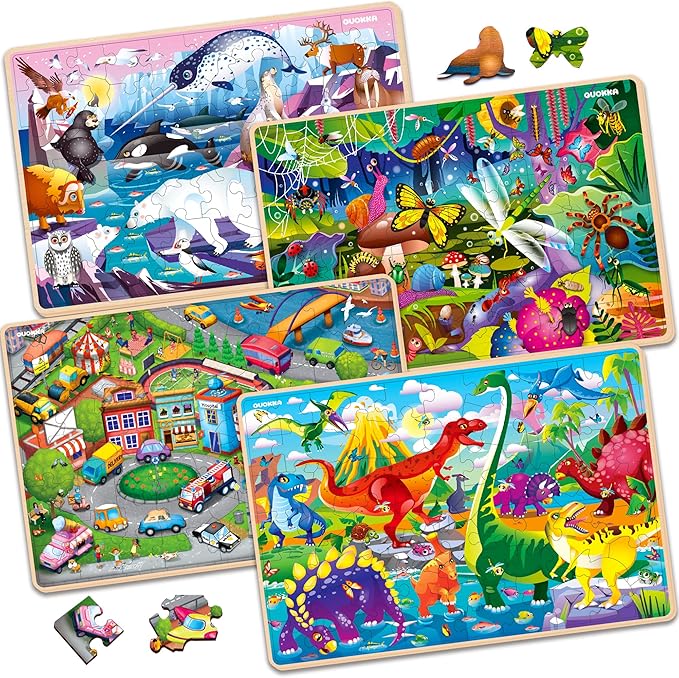 QUOKKA Wooden Puzzles for Kids Ages 4-6 – 4 x 60 Piece Kids Puzzles Ages 4-8-10 Year Olds by QUOKKA - Jigsaw Learning Game with Animals Dinosaurs City for 3-5 yo Wood Toys for Boys and Girls