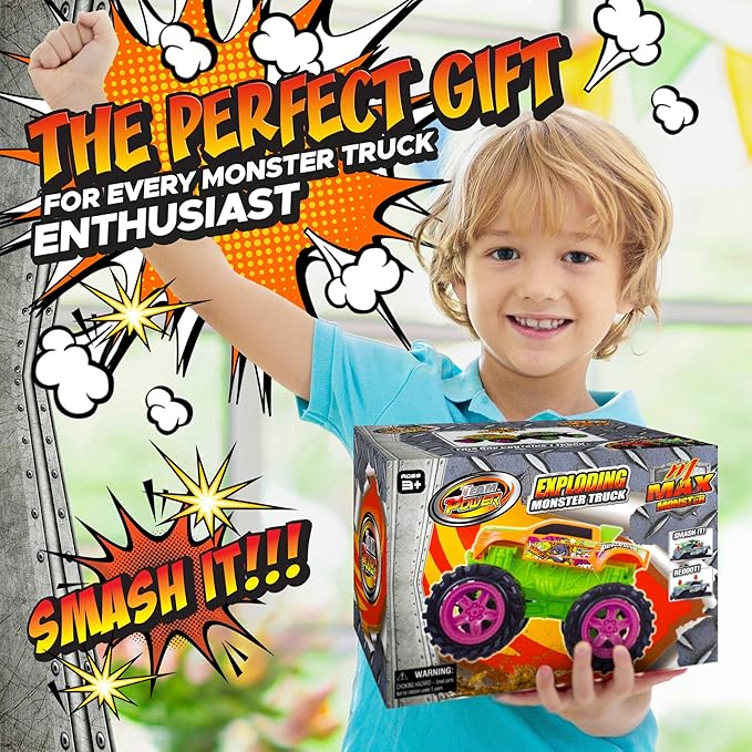 Exploding Monster Truck Toy with Explosive Crash Sounds and Lights, Smash It Up Again and Again, Monster Truck Toys for Boys Kids Ages 3, 4-7 & Above | Toddler Toys for 3 Year Old Boys Gift