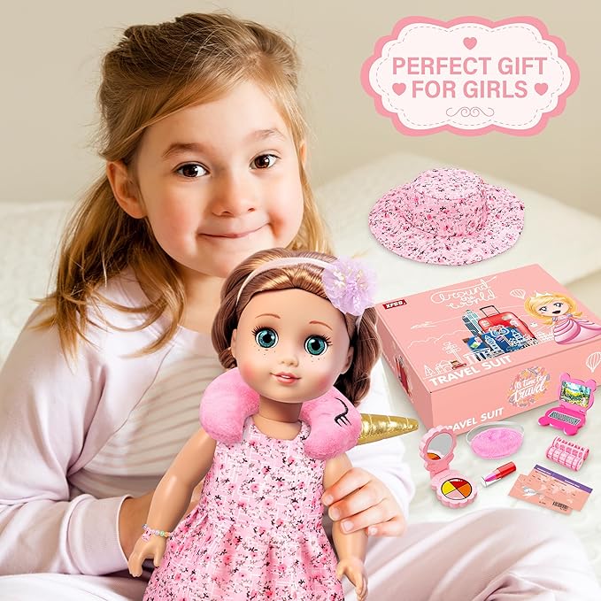 Doll Suitcase Travel Set, 18 inch Doll Clothes and Accessories - 26 Pcs Travel Pillow, Unicorn Bag, Sunglasses, Camera, Computer, Phone, Passport, Birthday Gift for Age 3 4 5 6 Year Old Girls