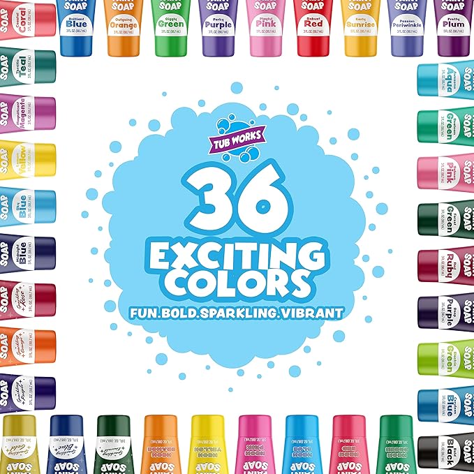 Tub Works® Bath Paint Soap, 36 Pack | Non-Toxic, Washable Bath Paint for Toddlers & Kids Bath | Toddler Bath Toys for Finger Painting in the Tub | Classic, Pastel, Neon & Sparkling Bath Colors