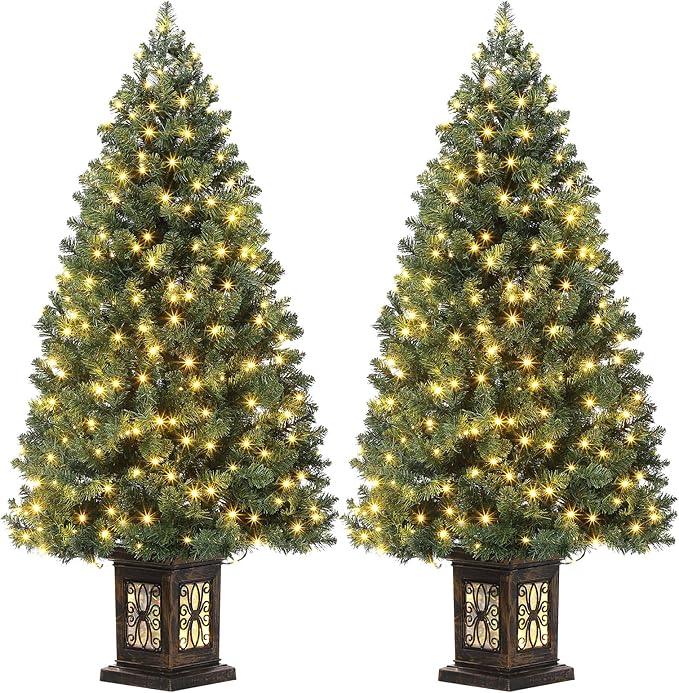 Garvee Pre-lit Artificial Christmas Tree with Warm White Lights, Green Full Christmas Tree 4.5 ft with 8 Light-Modes, Pre Lighted Xmas Tree W/460 Branch Tips, 300 Light & Antique Urn Base,2 PCS