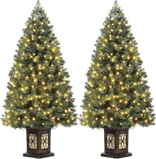 Garvee Pre-lit Artificial Christmas Tree with Warm White Lights, Green Full Christmas Tree 4.5 ft with 8 Light-Modes, Pre Lighted Xmas Tree W/460 Branch Tips, 300 Light & Antique Urn Base,2 PCS