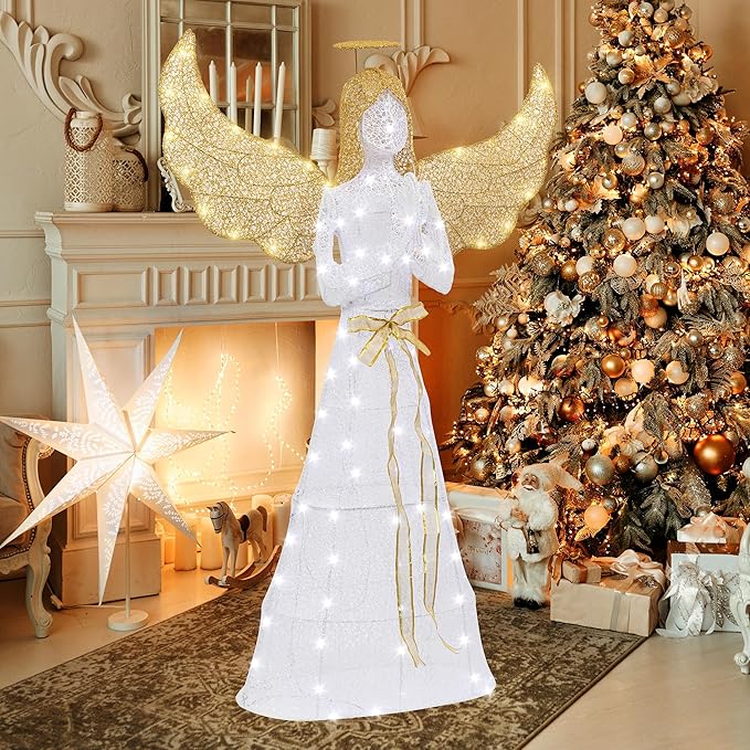 Shintenchi 5FT Lighted Christmas Angel, Outdoor Christmas Holiday Decoration, Pre-lit 3D Glittered Angel with 110 2 Color LED Lights and Ground Stakes, Zip Ties