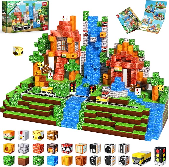 150 PCS Magnetic Blocks - Magnetic Building Block for Kids Ages 4-8, Magnet Blocks Sets for Grassland Build, Magnet Cubes Building Toys for Girls Boys Ages 3 4 5 6 7 8-12 Birthday Gift