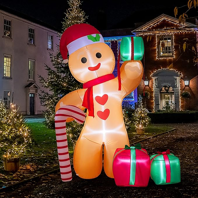 Peyton 8FT Inflatable Gingerbread Man with Candy Cane and Three Gift Boxes,LED Lighted Christmas Decoration Indoor and Outdoor.