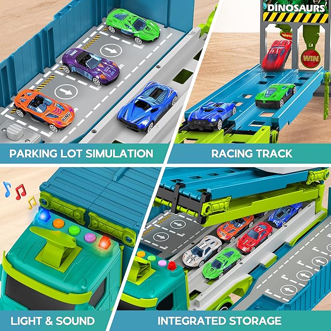 Carrier Truck Race Track Toddler Toys, Foldable 3 Layer Toddler Track Playset, Dinosaur Toy Truck Transport Car Carrier & 8 Race Cars, Truck Car Kids Toy Gifts for Age 3 4 5 6+ Year Old Boys Girls