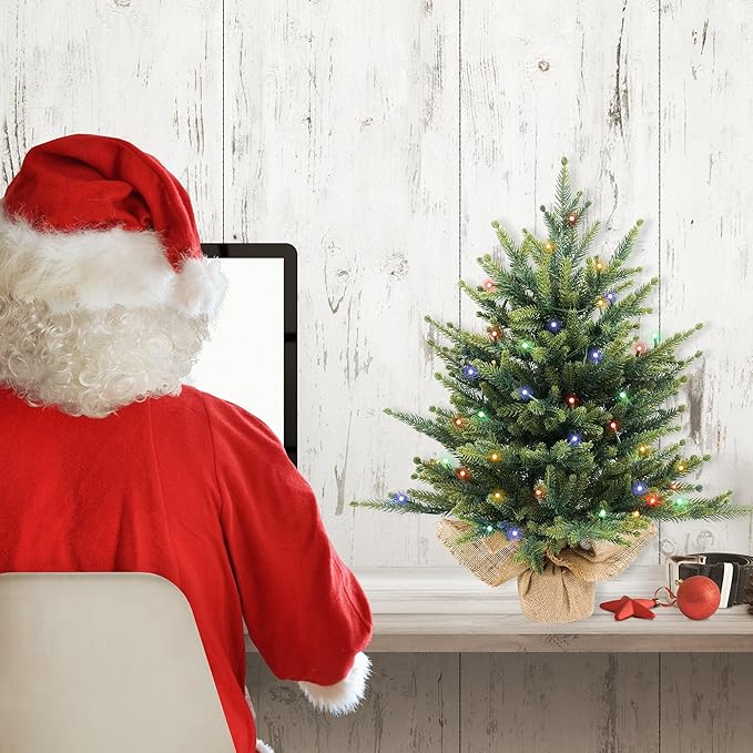 Prelighted Mini Christmas Tree 2 Ft with 70 LED Warm & Multi-Color Light, Artificial Small Xmas Tree with Timer 24 inch Tabletop Tree Christmas Decoration for Bedroom Fireplace Mantel