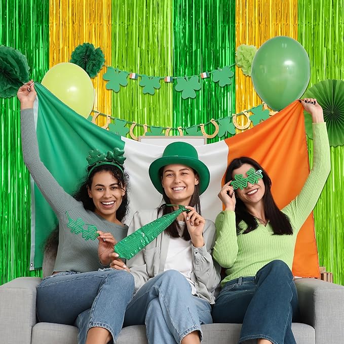 2 Pack St Patrick Party Decorations, 3.28 FT x 7.05 FT Green Gold Light Green Backdrop Curtains, Metallic St.Patrick Fringe Curtains Party Streamer Tinsel Backdrop, St Patrick Party Supplies