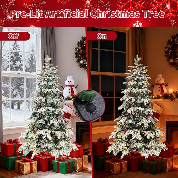5ft Prelit Christmas Tree, Artificial Snow Flocked Christmas Tree with 140 Multicolor Lights, PE & PVC Mixed Layered Christmas Trees with Metal Stand, Xmas Tree for Holiday Decor