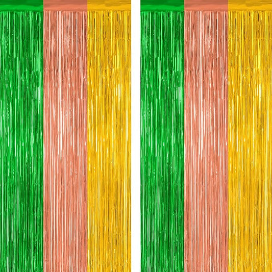 2 Pack Luau Decorations, 3.28 FT x 7.05 FT Summer Party Streamer, Green Brown Yellow Backdrop Tinsel Curtains Fringe Curtains, Metallic Hawaiian Supplies Aloha Party Decor